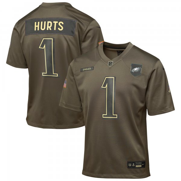 Youth #1 Jalen Hurts Philadelphia Eagles Nike 2025 Salute to Service Game Olive Jersey