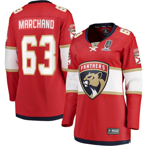 Women's #63 Brad Marchand Florida Panthers 2025 Stanley Cup Champions Breakaway Red Jersey