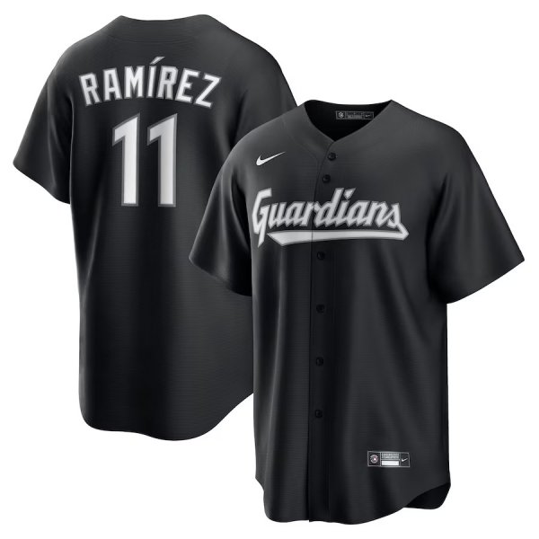 Men's Cleveland Guardians #11 Jose Ramirez Nike Black Lights Out Replica Player Jersey