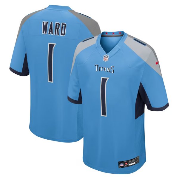 Men's #1 Cameron Ward Tennessee Titans Nike 2025 NFL Draft First Round Pick Game Light Blue Jersey