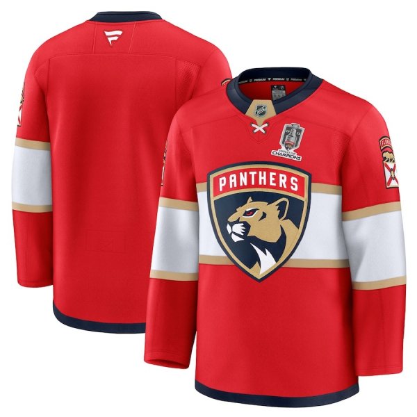 Men's Florida Panthers Home 2025 Stanley Cup Champions Premium Patched Red Jersey