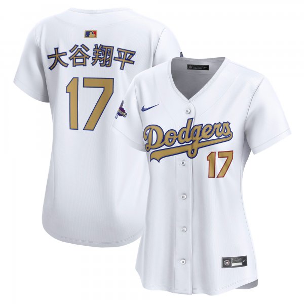 Women's #17 Shohei Ohtani Los Angeles Dodgers Nike 2025 Gold Collection Kanji Limited White Jersey