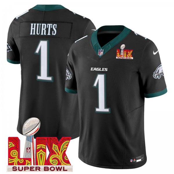 Men's Philadelphia Eagles #1 Jalen Hurts Super Bowl Champions LIX Patch Vapor Limited Jersey