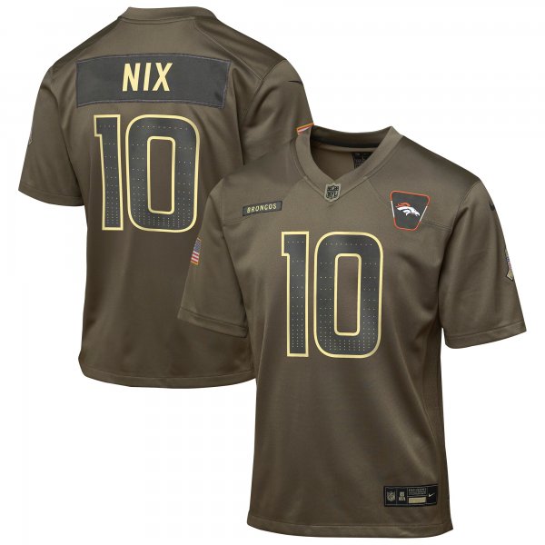 Youth #10 Bo Nix Denver Broncos Nike 2025 Salute to Service Game Olive Jersey