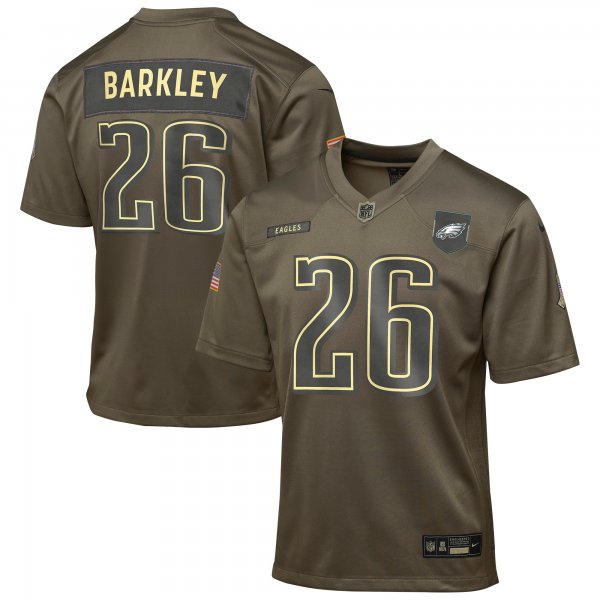 Youth #26 Saquon Barkley Philadelphia Eagles Nike 2025 Salute to Service Game Olive Jersey